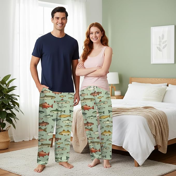 GNEW Fish Pajama Pants – Funny Fishing Lover Sleepwear, Cozy Unisex Lounge Pants Gift for Men Women