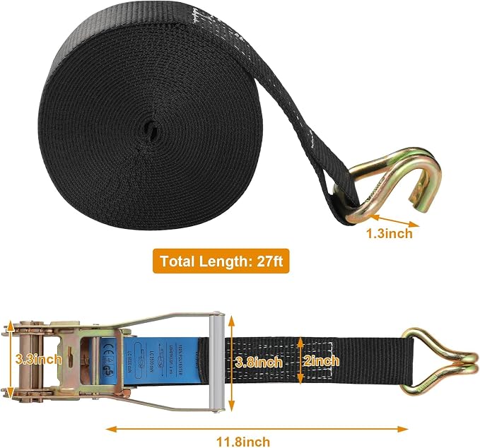 TLGREEN 4 Pack 2 in x 27 FT Double J Hook Ratchet Straps (11,000 lbs Break Strength), Heavy Duty Tie Down Straps for Trucks(Black)
