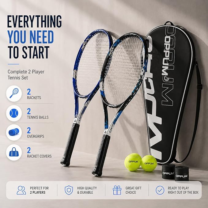 2-Pack Adult Tennis Rackets, 105 Sq Inch Oversized Head Pre-Strung for Beginners and Intermediate, Arm Friendly Vibration Control Set with Bag and Balls