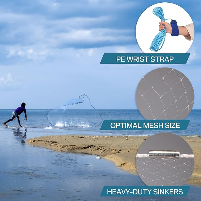 Yeahmart American Saltwater Fishing Cast Net for Bait Trap Fish 3ft/4ft/5ft/6ft/7ft/8ft/9ft/10ft Radius Freshwater Casting Nets with Heavy Duty Real Zinc Sinker Weights, 3/8inch Mesh Size