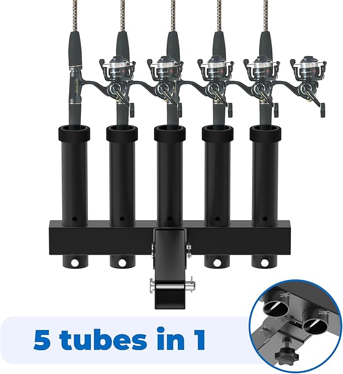 Hitch Mount Fishing Rod Holder, Fishing Pole Rack for Truck with 5-Rod Tubes, Adjustable for 2" Hitch Receivers & Easy to Use with Quick Release Pin