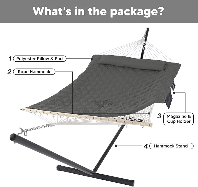 SUNCREAT Hammocks for Outside with Stand, Extra Large 2 Person Hammock with Stand, Carrying Bag, Dark Gray Drops