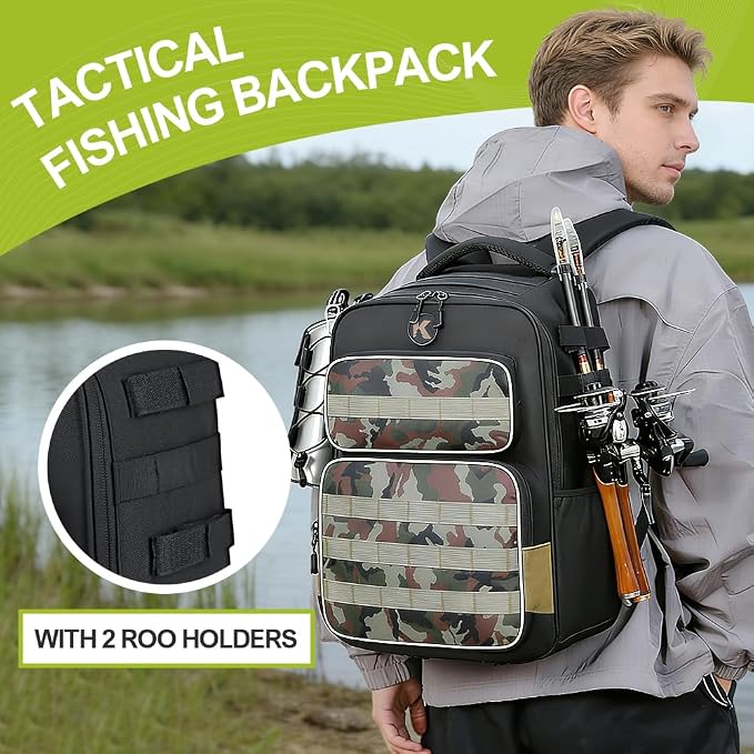 Fishing Backpack with Rod Holder Lightweight Water Resistant Tackle Backpack for Freshwater or Saltwater Large Storage High-Performance Fishing Bag