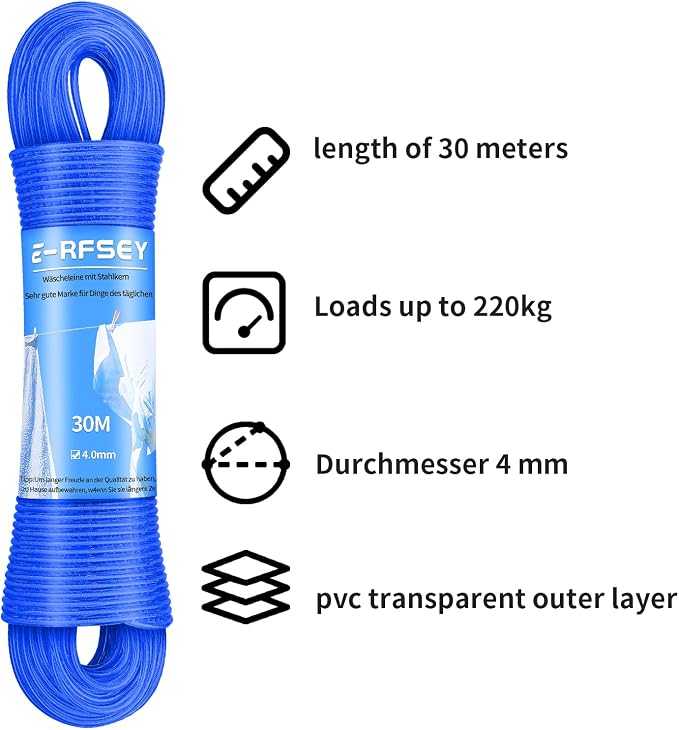 Extra Strong 100ft Washing Line - Outdoor Washing Line, Waterproof and Rustproof, Extremely High Load Capacity, Suitable for Gardens and Balconies (4mm Diameter)