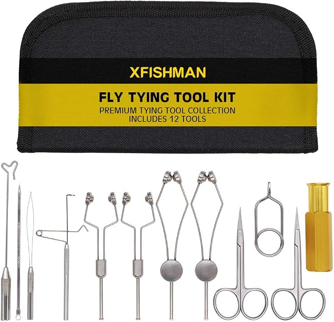 XFISHMAN Fly Tying Tool Kit 12 in 1 with Bobbin Finisher Scissors Hackle Hair Stacker Fly Fishing Tying Tools Set