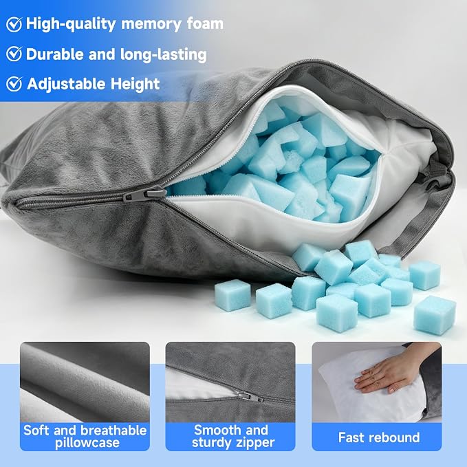 Camping Pillow,Compressible Small Shredded Memory Foam Pillow,Travel Pillow for Airplane,Backpacking and Hiking Grey Medium 2 pcs