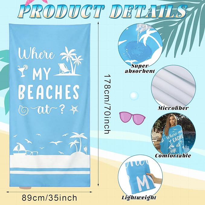 Patelai 4 Pcs Where My Beaches at Towels Girls Trip Gifts Lightweight Microfiber Oversized 35 x 70 Inches Towels Quick Dry Colorful Easy Pack for Swimming Pool Camping Women Adult Vacation
