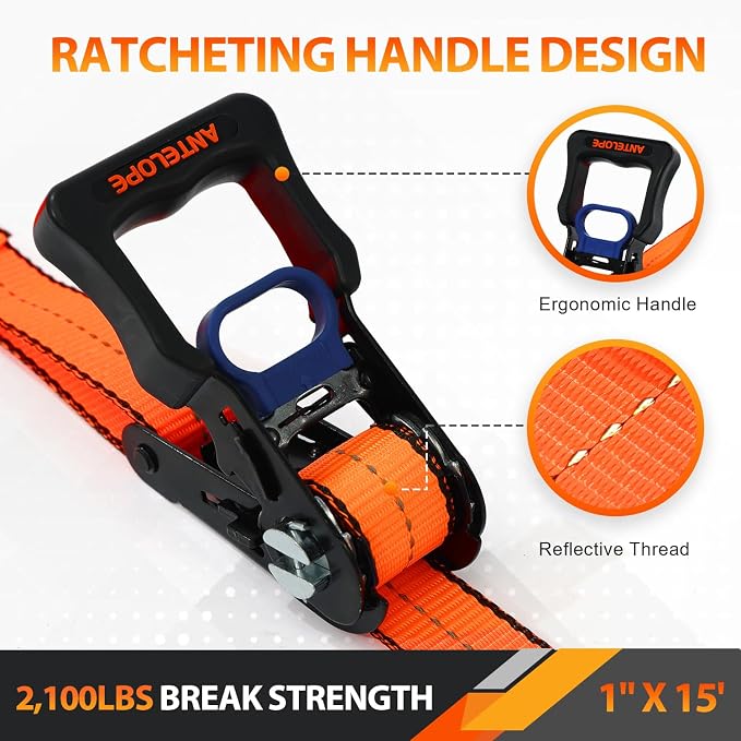 Ratchet Tie Down Straps Set, 2100 LBS Breaking Strength, 4 Pack 1" x 15' Heavy Duty Ratchet Straps, Cargo Strap, Motorcycle Straps for Trucks, Bicycle, Kayak, Moving, Tie Downs with S Hooks, Orange