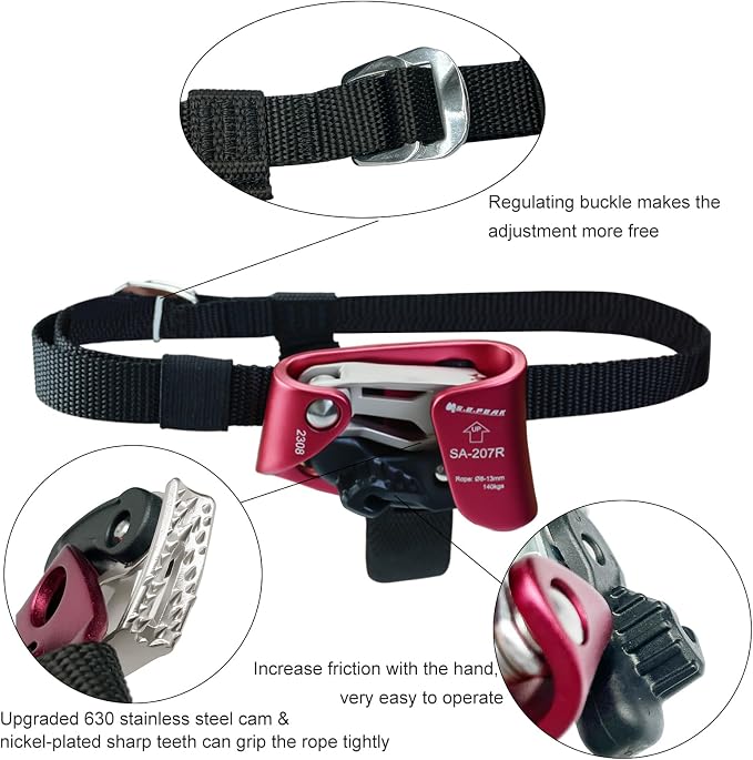Foot Ascender Upgraded Foot Riser 140kgs Strong Rappelling Gear Equipment for Rock Climbing Tree Arborist, Climbing Rescue Caving, Mountaineering, 8~13MM Rope, Right/Left Foot, 4kN