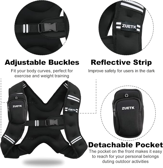 ZUETK Weighted Vest, 6lb/8lb/12lb/16lb/20lb/25lb/30lb Weight Vest with Reflective Stripe, Weighted Vest for Men Women Workout Equipment for Strength Training, Running, Jogging, Fitness, Weight Loss