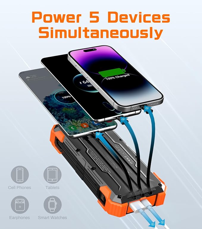 GOODaaa Solar Power Bank 24000mAh, Portable Charger with 4 Built-in Cables, 15W Fast Charging 5 Outputs 2 Inputs Battery Pack, Thermometer & SOS Flashlight for iPhone 17/16, Samsung, All Cell Phones