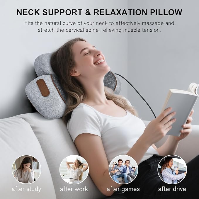 Neck Massager Pillow with Heat- Neck & Shoulder Support with Vibration & Airbag Traction for Pain Relief Deep Tissue, Cervical Hump Corrector Massage Pillow 3D Ergonomic