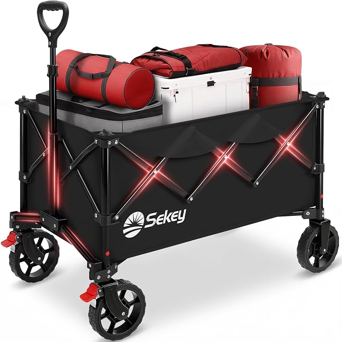 Sekey Collapsible Foldable Wagon with 330lbs Weight Capacity, Heavy Duty Folding Wagon Cart with Big All-Terrain Wheels. Black