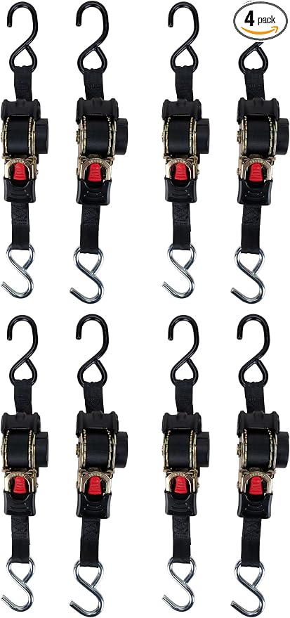 Camco Retractable Transom Tie Down Straps, 6-Foot, 1,500 lb Break Strength, 500 lb Safe Working Load, 2 Count (50033) (Pack of 4)