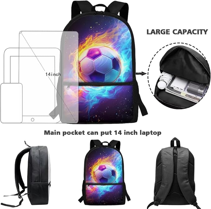 Soccer Backpack for Boys Girls School Bag with Lunch Bag Pencil Case Water Bottle Holder 4 Piece School Daypack Travel Bag Satchel Bagpack