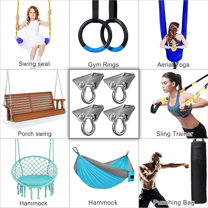 BeneLabel 4Pack Stainless Steel Swing Hanger Ceiling Mount 1000 LB Capacity 180° Swing Swing Hardware for Swing Seat, Yoga, Heavy Bag, Porch Swing, Hanging Chair with 8 Screws and 8 Expansion Bolts