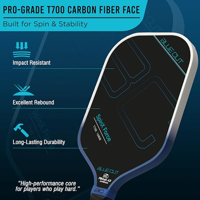 Blue Cut Pickleball Paddle – USAPA Approved Pickleball Paddles Racket with T700 Carbon Fiber, 16mm Honeycomb Core, Spin Surface, Pro Power Speed & Control – Includes Carry Bag