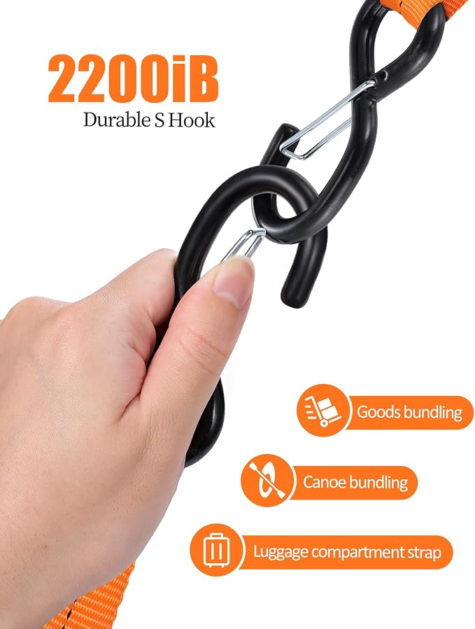 Upgraded 1'' x 8' Tie Down Straps, Cargo Roof Rack Strap Cam Buckle with Hooks, Heavy Duty Secure Strap, Orange - Pack of 4