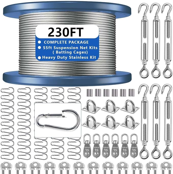 Heavy Duty Batting Cage Netting Wire Tension Kit Inflatable Batting Cage Cable Kit Net Hanging Kits Batting Cage Frame Kit for Home Backyard Outdoor Baseball and Softball Batting Cage