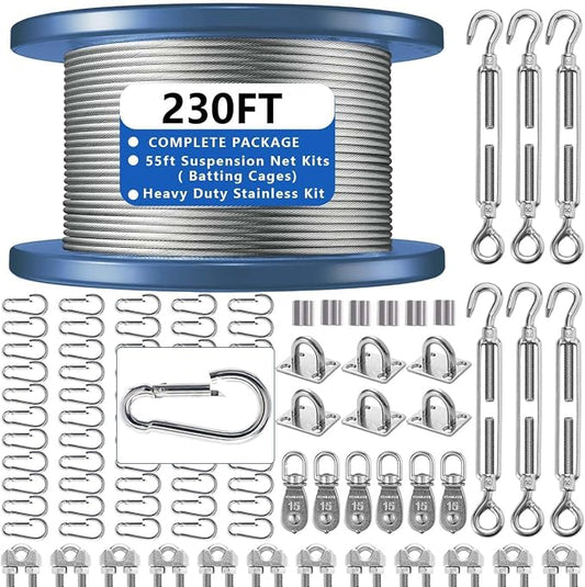 Heavy Duty Batting Cage Netting Wire Tension Kit Inflatable Batting Cage Cable Kit Net Hanging Kits Batting Cage Frame Kit for Home Backyard Outdoor Baseball and Softball Batting Cage
