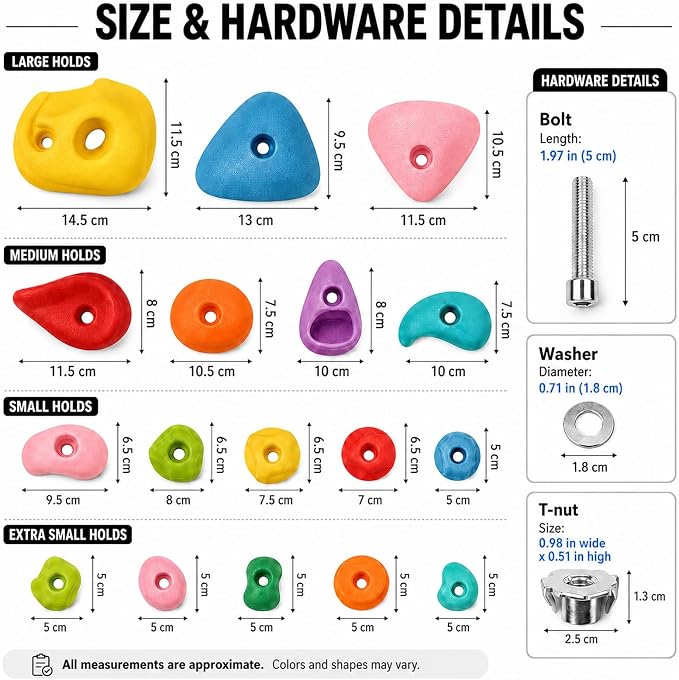 36 Pack Rock Climbing Holds with M10 Hardware, Textured Resin Wall Grips | Assorted shapes for route setting; fits garage & home gym wood walls; 230lb capacity; adult install required
