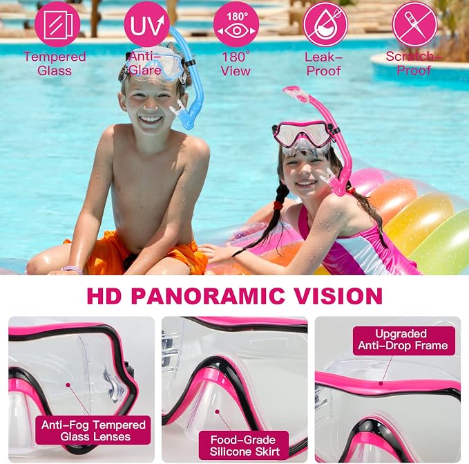 Kids Snorkeling Set - Adjustable Flippers + Panoramic Snorkel Mask + Dry Snorkel Tube + Travel Bags - Suitable for Kids & Juniors, Age 5-14