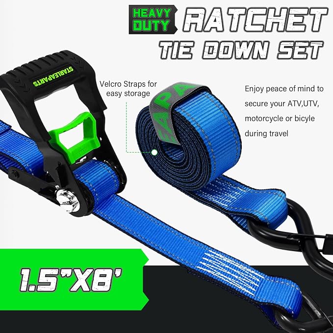 Motorcycle Tie Down Strap (4PK 1.5INX8FT) - 5,250lb Break Strength, Ratchet Straps Heavy Duty, Soft Loop Ratchet Straps for Moving Appliances, Lawn Equipment, Cargo Straps for Trucks