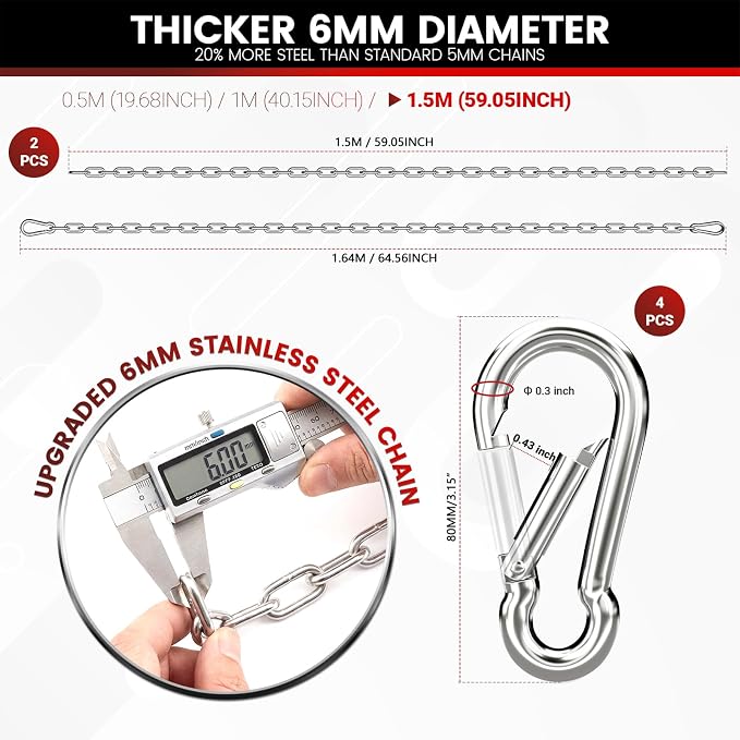 sprookber 1000LB Heavy Duty Hanging Swing Chain, 6mm Thick 304 Stainless Steel Hanging Chain with 4 Carabiners, 67" Hardware Kit for Hammock, Hanging Chair, Punching Bags, Tree, Indoor & Outdoor