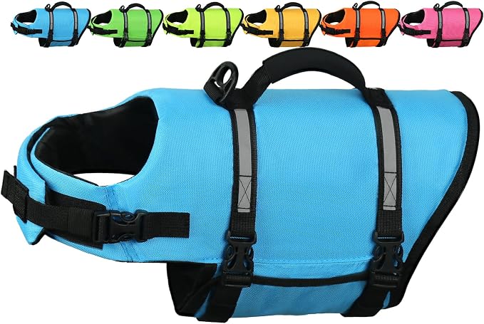 AMZNOVA Shark Dog Life Jacket + Rip Stop Dog Life Jacket, Durable Handle Reflective Buoyance
