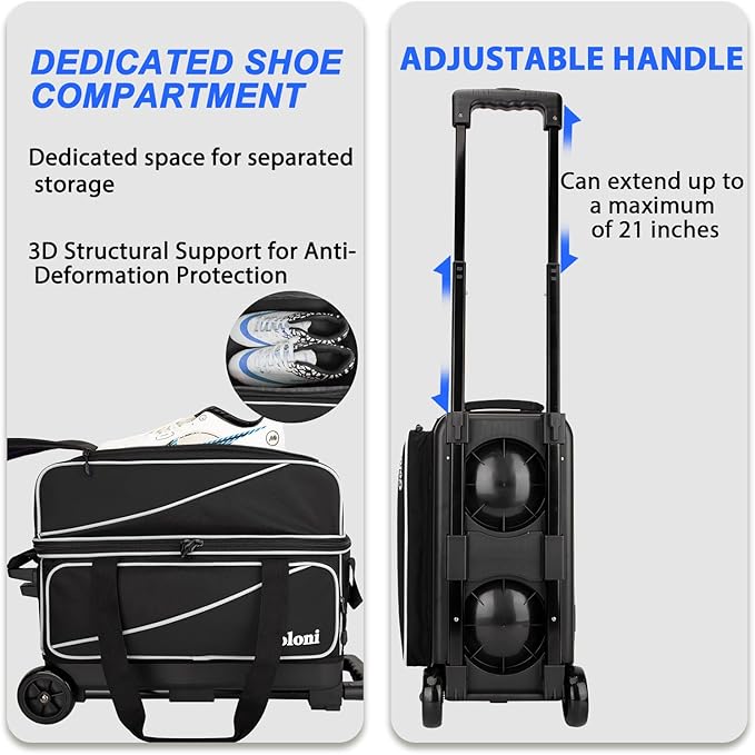 Goloni 3 Ball Bowling Bag with Wheels, 2+1 Double Roller Bowling Bag with Shoe Compartment,Tote Bag for Bowling Accessories