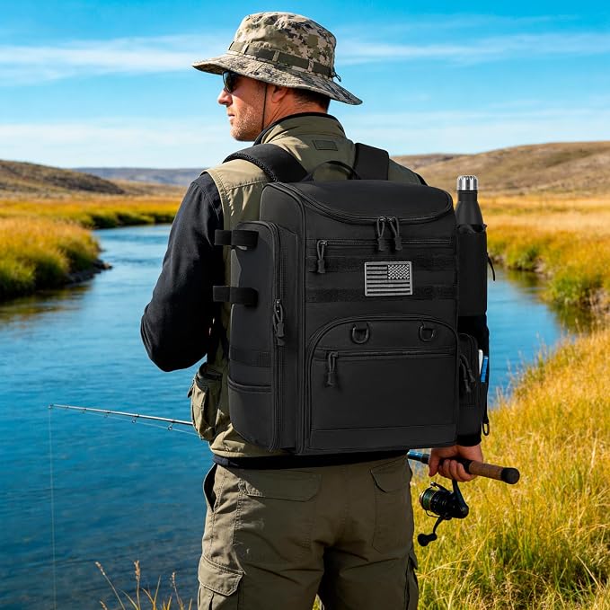 40L Fishing Backpack Water Resistant Fishing Tackle Bag with 2 Rod Holders, Tackle Storage Bag for Anglers(Black,Bag Only)