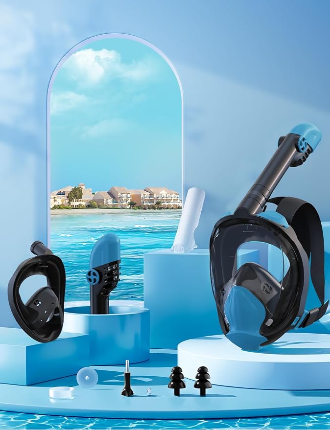 Full Face Snorkel Mask for Adults, 180° Panoramic Anti-Fog Snorkeling Gear with Dry Top System & Camera Mount, Foldable Anti-Leak Design for Travel, Swimming & Ocean Snorkeling