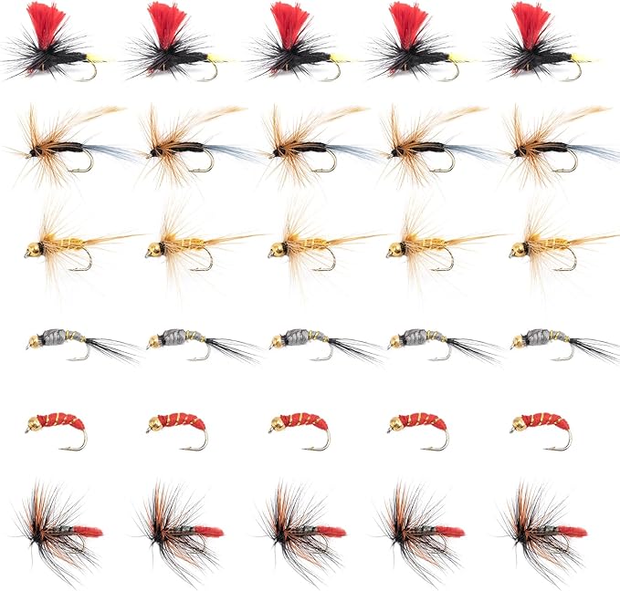 Goture Fly Fishing Flies Kit,25pcs/30pcs/100pcs Fly Fishing Lures,Dry Flies Wet Flies Streamers Nymphs Flies, Fly Fishing Assortment Kit for Bass Trout Salmon Fishing
