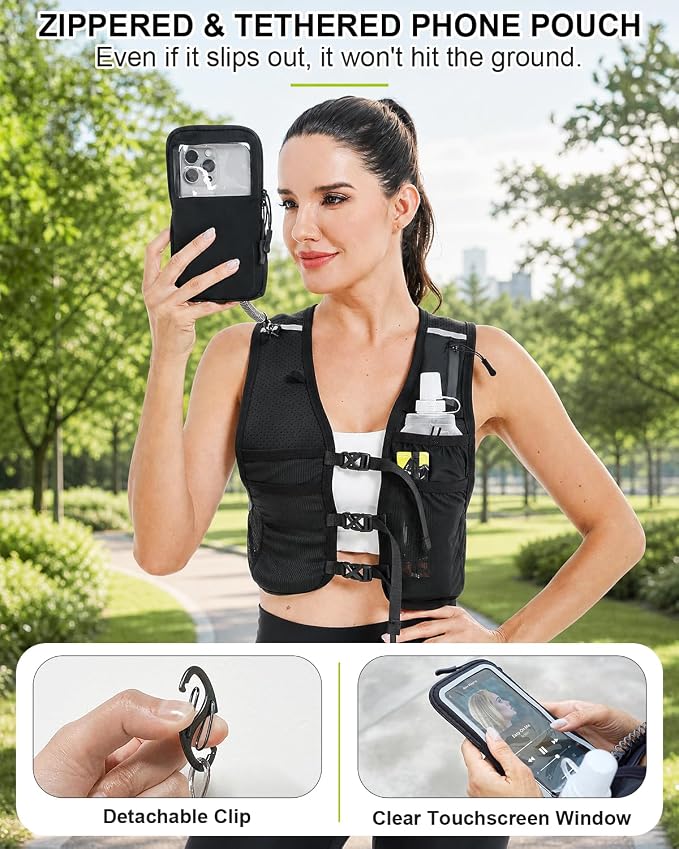 Running Vest with Touchscreen Phone Holder, 500ml/17oz Water Bottle Vest, Reflective Hydration Vest, 6 Pockets Zip Runners Vest – Lightweight, Adjustable, Breathable, Unisex