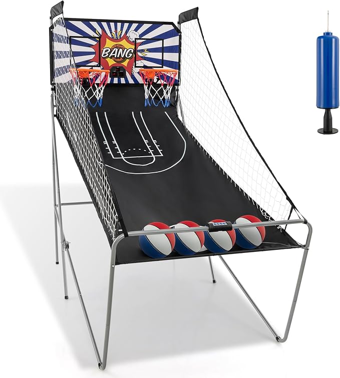 Giantex Folding Basketball Arcade Game, Dual Shot Electronic Basketball Hoop Arcade Game with 8 Game Modes, 4 Balls, 2 Hoops, Air Pump, LCD Scoreboard, Basketball Game for Adults, Kids