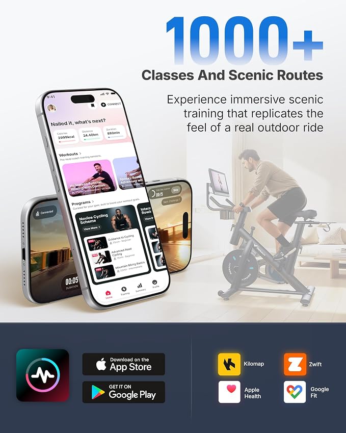 Merach Exercise Bike, Magnetic Friction Stationary Bike with Brake Pad and Exclusive App, Low Noise Indoor Cycling Bike with 300lbs Weight Capacity, Tablet Mount and Fitness Courses for Weight Loss