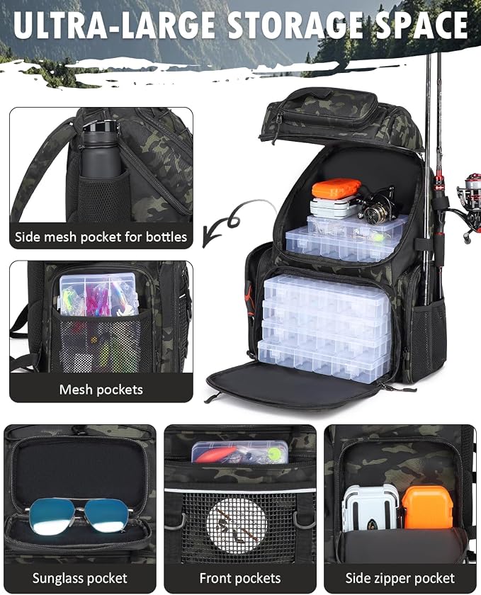 HAMBOLY Fishing Backpack with Tackle Boxes, 50L Fishing Tackle Bag with Cooler & Rod Holders, Waterproof Tackle Bag for Men