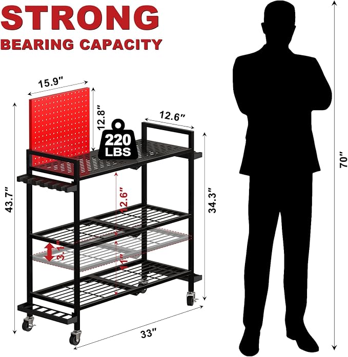 Fishing Rod Holders for Garage, Fishing Rod Stand with Wheels and Pegboard, 3-Tier Pole Storage Rack with 8 Hooks and 12 Rod Slots, Ideal for Tackle, Backpacks, and Gear Red
