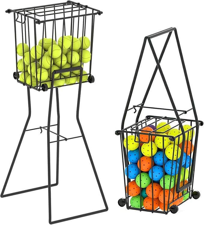 Tennis & Pickleball Hopper with Wheels – Ball Pick Up Basket, Pickleball Ball Retriever Ball Holder Storage Holds 75 Tennis Balls & 50 Pickleballs