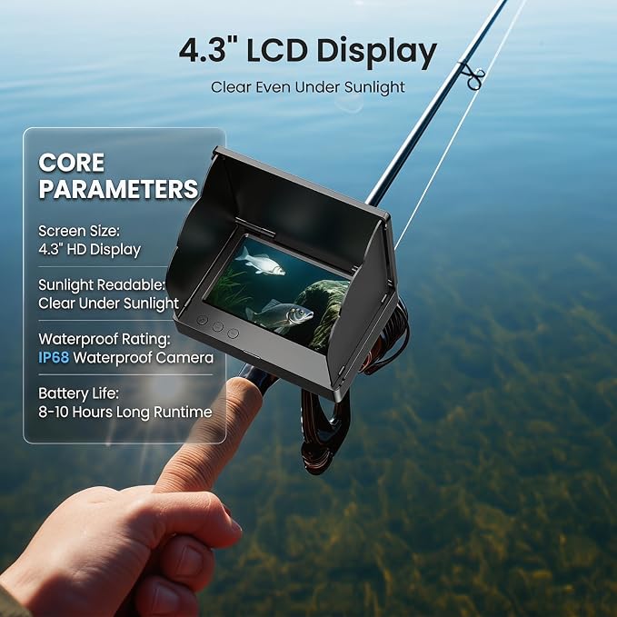 Eyoyo Underwater Fishing Camera with 4.3" LCD Monitor | 65ft Cable, 8 IR Night Vision Lights, 195° Wide Angle Lens, 5000mAh Battery, for Ice, Lake, Boat & Kayak Fishing