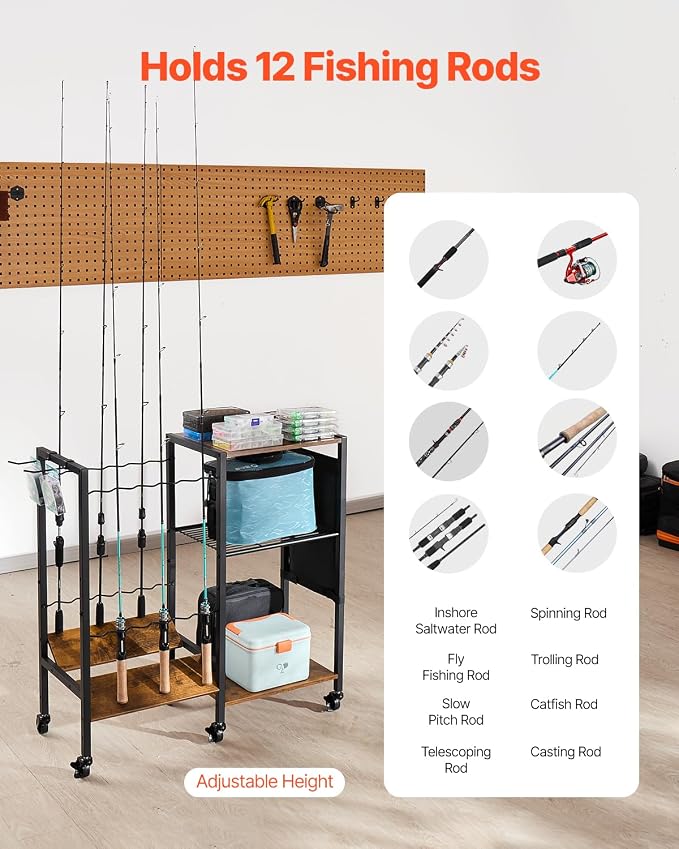 VEVOR Fishing Rod Holder for 12-Rods, Mobile Fishing Pole Rack Cart with Wheels, Fish Gear Equipment Organizer for Garage Home Indoor Use, for Tackle Box Reel Accessories Storage, Gifts for Men