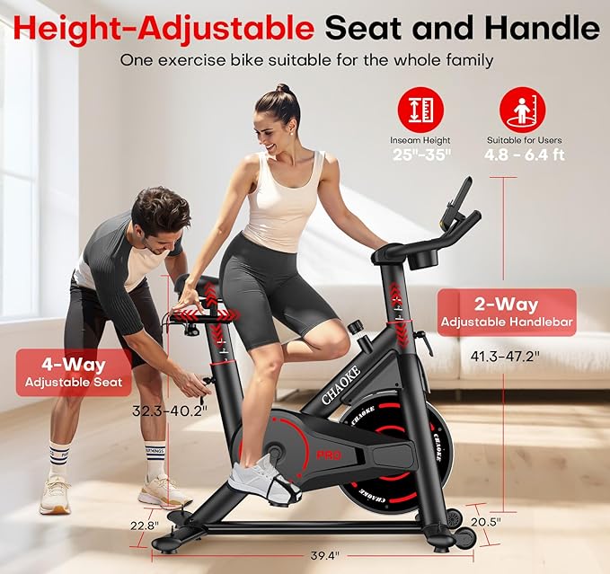 Exercise Bike, CHAOKE Quiet Adjustable Magnetic Resistance Stationary Bike for Home Cardio with App Compatible, 350LB Weight Capacity Indoor Cycling Bike with Comfortable Seat & Digital Display