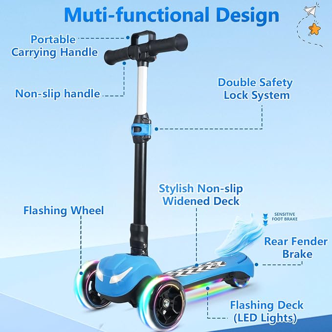 Electric Scooter for Kids Ages 3-12, Full Body Lights Up, Wide Deck, 3 Adjustable Heights, 5MPH Safe Speed, 90min Riding, Foldable 3 Wheel Electric Scooter for Kids Boys Girls Toddler