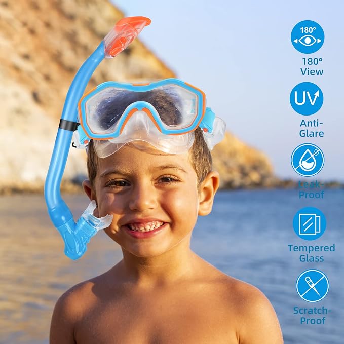 Kids Snorkeling Set - Adjustable Flippers + Panoramic Snorkel Mask + Dry Snorkel Tube + Travel Bags - Suitable for Kids & Juniors, Age 5-14