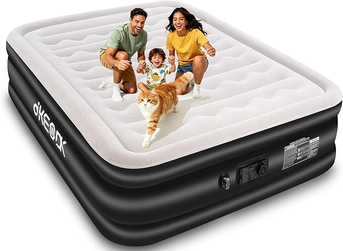 Air Mattress Queen with Built in Pump,Comfortable Waterproof Flocked Surface Inflatable Mattress for Temporary Family Stays and Travel,16-Inch Blow Up Mattress Inflates in 3 Minutes