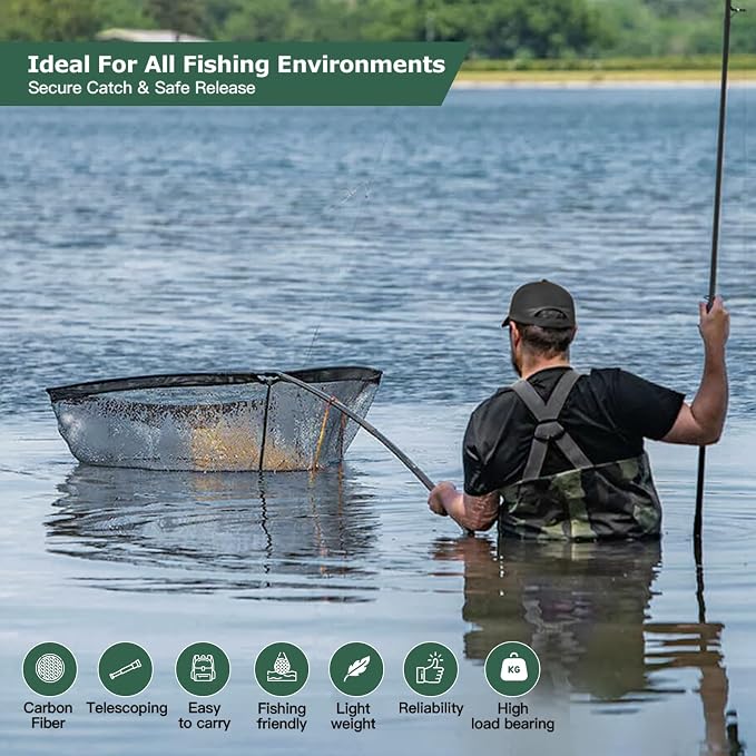 Landing Net for Carp Fishing, 32 Inch Large Fishing Net, 6 Feet Telescoping Carbon Fiber Long Handle Saltwater Big Fish, Holds Up to 88lbs/40kgs, Olive Green, Supplied with Carry Bag