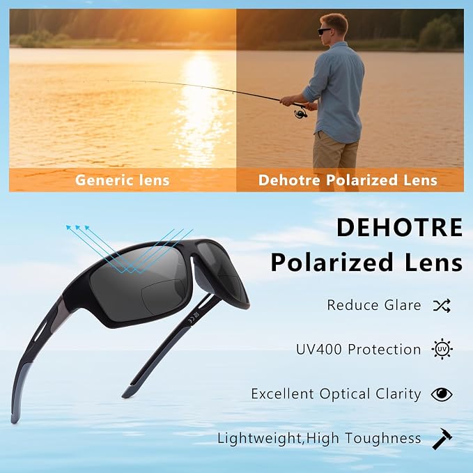 DEHOTRE 2 Pack Bifocal Reading Sunglasses Men Wrap Around Sports Sun Readers Outdoor Clear Top Soft Nose Pads PC Frame UV400