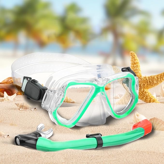 Snorkeling Gear for Kids, 4 in 1 Child Mask Fins Snorkel Set with Panoramic View Anti Fog Mask, Dry Top Snorkel, Trek Fins and Travel Bag, Kids Snorkeling Set with Fins for Snorkeling Swimming