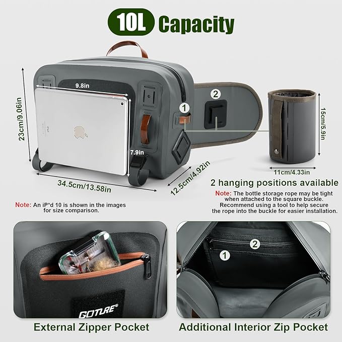 Goture Waterproof Fishing Waist Pack,IPX8 840D TPU Large Tackle Bag with Rod Holder,Airtight Zipper Closure,Detachable Water Bottle Holder, 10L Fly Fishing Bag with Adjustable Strap,Sling Fanny Pack