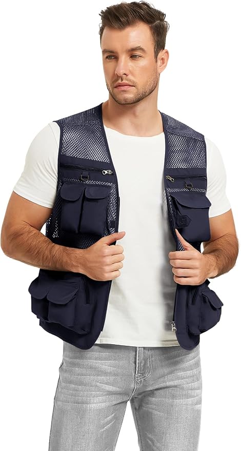 Flygo Men's Fishing Vest Utility Lightweight Outdoor Travel Safari Photo Cargo Vest with 16 Pockets